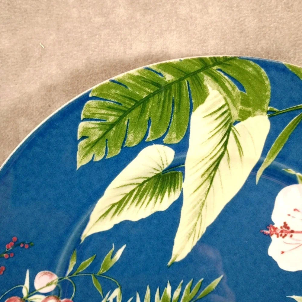 Vintage Mikasa Tropical Garden Blue Floral Salad Plates Pink Hibiscus Tropical‎